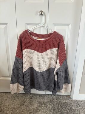Cozy Colorblock Chunky Knit Sweater - Rust, Cream & Gray
